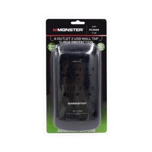 Monster Just Power It Up L 6 Outlets Wall Tap Surge Protector W/usb Black 1200 J